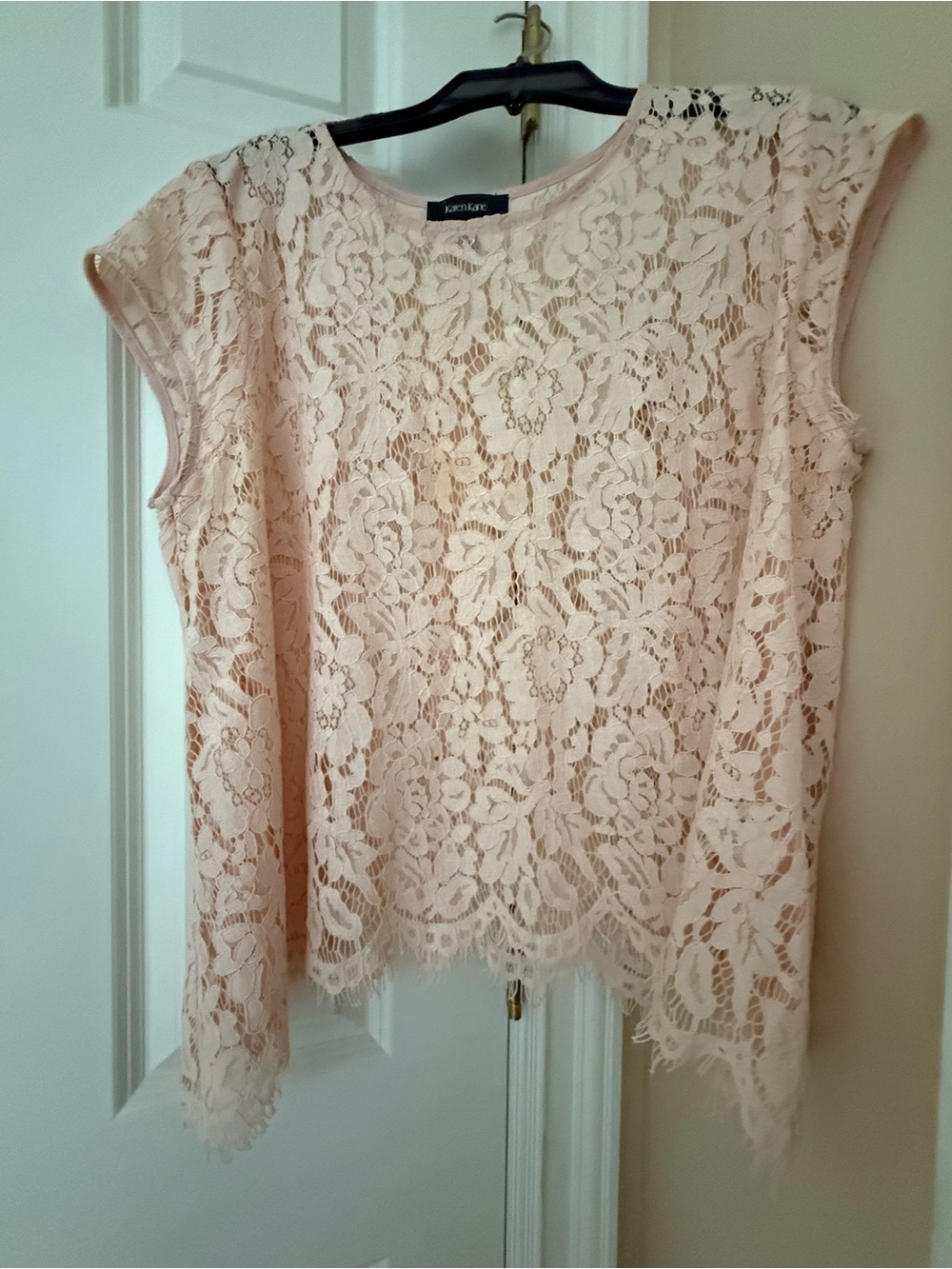 Karen Kane Pale Blush Floral Lace Cap Sleeve Top